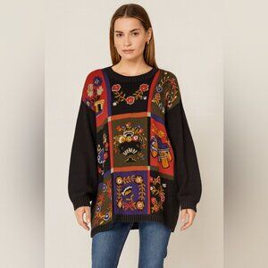 Vintage Chaus Woman Black Multi Floral Graphic Oversized Knit Grandma Sweater